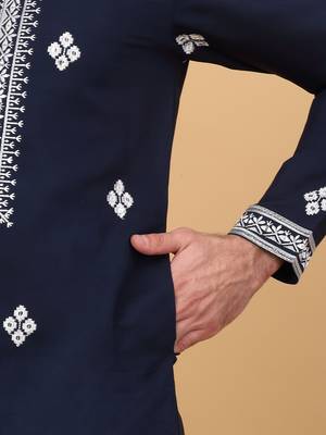 Men cotton silk ethnic motifs embroidered navy blue kurta and trouser with stole 4