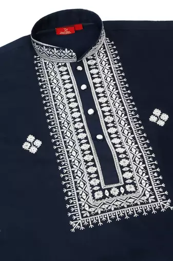 Men cotton silk ethnic motifs embroidered navy blue kurta and trouser with stole