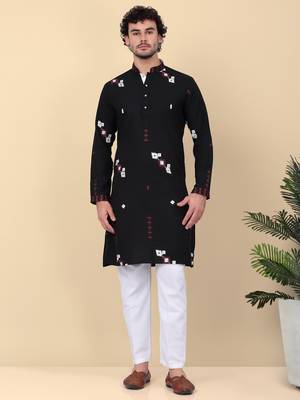 Men linen ethnic motifs embroidered black kurta and white trouser pant 1