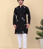 Men linen ethnic motifs embroidered black kurta and white trouser pant