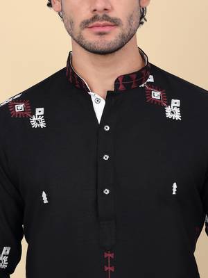Men linen ethnic motifs embroidered black kurta and white trouser pant 2