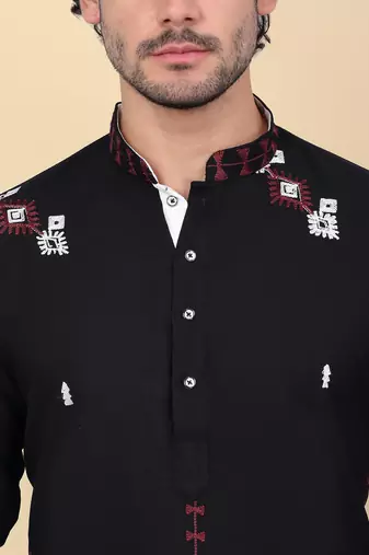 Men linen ethnic motifs embroidered black kurta and white trouser pant