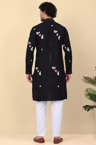 Men linen ethnic motifs embroidered black kurta and white trouser pant