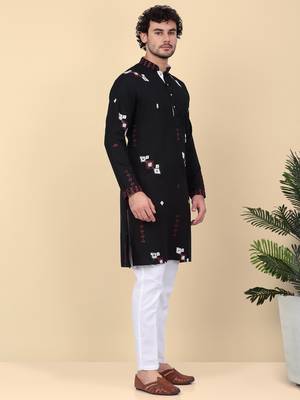 Men linen ethnic motifs embroidered black kurta and white trouser pant 5