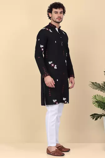 Men linen ethnic motifs embroidered black kurta and white trouser pant