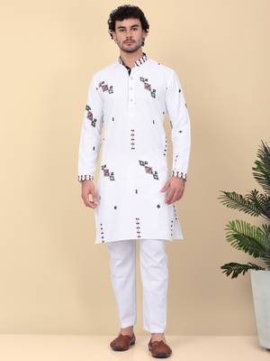 Men linen ethnic motifs embroidered white kurta and white trouser pant 1