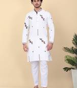 Men linen ethnic motifs embroidered white kurta and white trouser pant