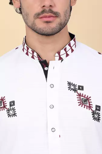 Men linen ethnic motifs embroidered white kurta and white trouser pant