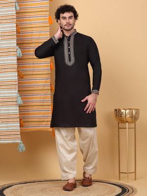Men linen ethnic motifs embroidered white kurta with beige salwar 1