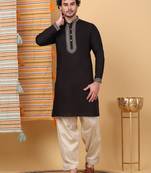 Men linen ethnic motifs embroidered white kurta with beige salwar