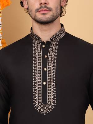 Men linen ethnic motifs embroidered white kurta with beige salwar 2