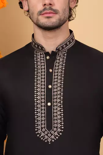 Men linen ethnic motifs embroidered white kurta with beige salwar