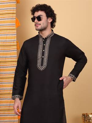 Men linen ethnic motifs embroidered white kurta with beige salwar 4