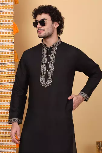 Men linen ethnic motifs embroidered white kurta with beige salwar