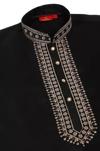 Men linen ethnic motifs embroidered white kurta with beige salwar