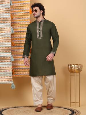 Men linen ethnic motifs embroidered olive kurta with beige salwar 1