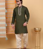 Men linen ethnic motifs embroidered olive kurta with beige salwar