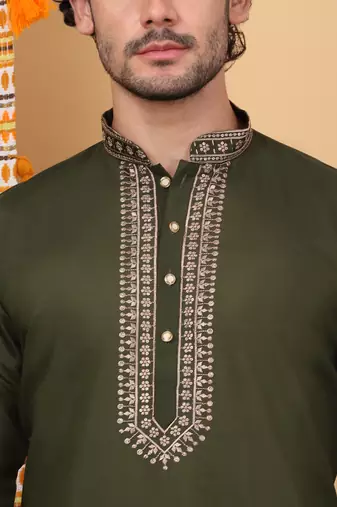 Men linen ethnic motifs embroidered olive kurta with beige salwar