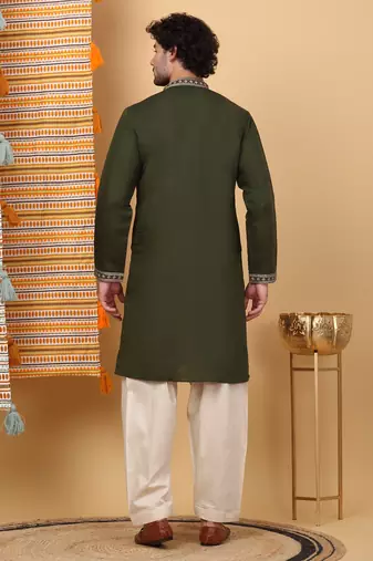 Men linen ethnic motifs embroidered olive kurta with beige salwar