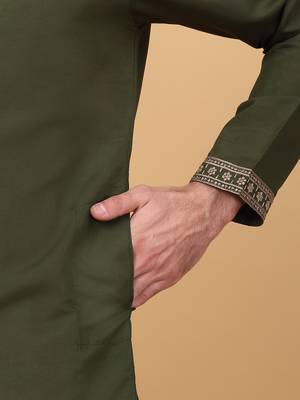 Men linen ethnic motifs embroidered olive kurta with beige salwar 4