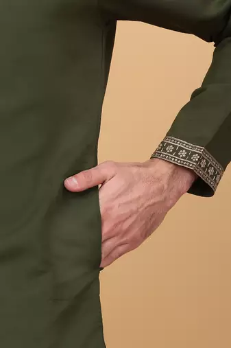 Men linen ethnic motifs embroidered olive kurta with beige salwar