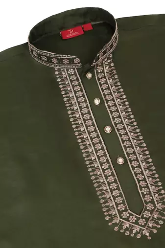 Men linen ethnic motifs embroidered olive kurta with beige salwar