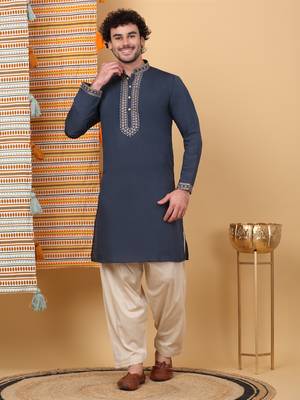 Men linen ethnic motifs embroidered navy blue kurta with beige salwar 1
