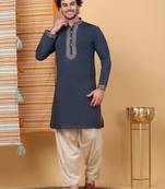 Men linen ethnic motifs embroidered navy blue kurta with beige salwar