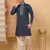 Men linen ethnic motifs embroidered navy blue kurta with beige salwar