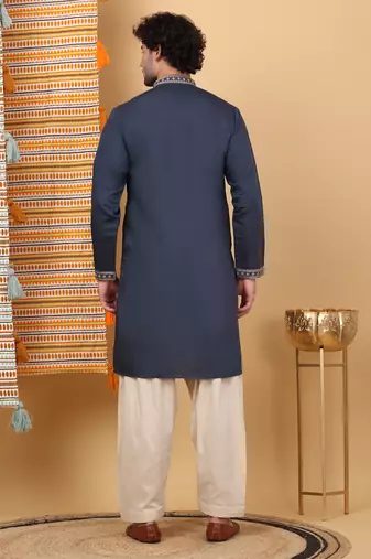 Men linen ethnic motifs embroidered navy blue kurta with beige salwar