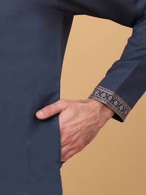 Men linen ethnic motifs embroidered navy blue kurta with beige salwar 4