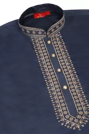 Men linen ethnic motifs embroidered navy blue kurta with beige salwar