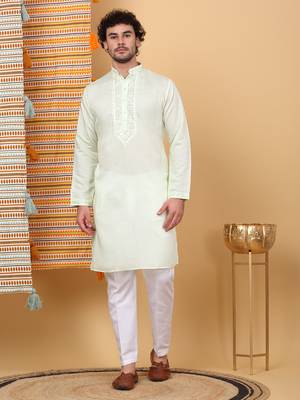 Men cotton silk solid embroidered green kurta with trouser pant 1