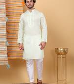 Men cotton silk solid embroidered green kurta with trouser pant