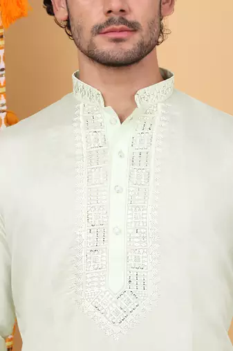 Men cotton silk solid embroidered green kurta with trouser pant