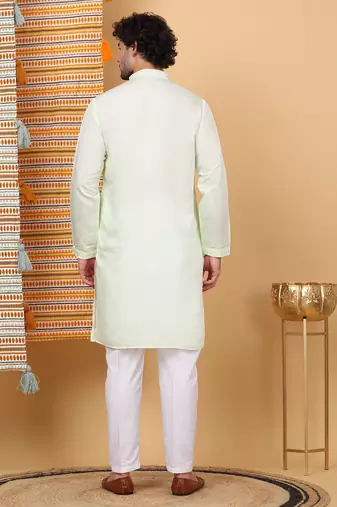 Men cotton silk solid embroidered green kurta with trouser pant