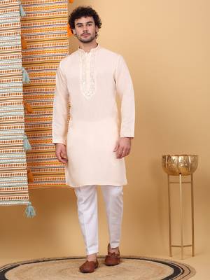 Men cotton silk solid embroidered peach kurta with trouser pant 1