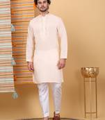 Men cotton silk solid embroidered peach kurta with trouser pant
