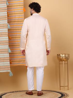 Men cotton silk solid embroidered peach kurta with trouser pant 3