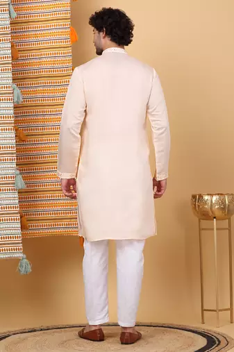 Men cotton silk solid embroidered peach kurta with trouser pant