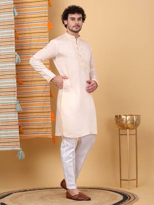 Men cotton silk solid embroidered peach kurta with trouser pant 4