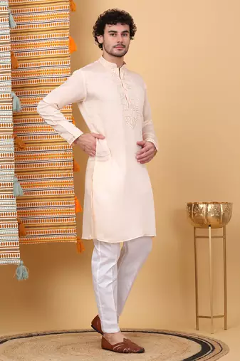 Men cotton silk solid embroidered peach kurta with trouser pant