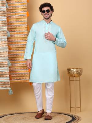 Men cotton silk solid embroidered peach sky blue with trouser pant 1