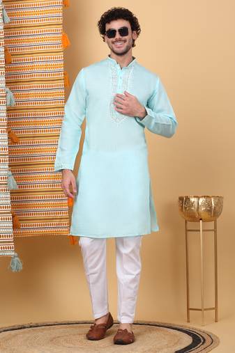 Men cotton silk solid embroidered peach sky blue with trouser pant