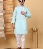 Men cotton silk solid embroidered peach sky blue with trouser pant