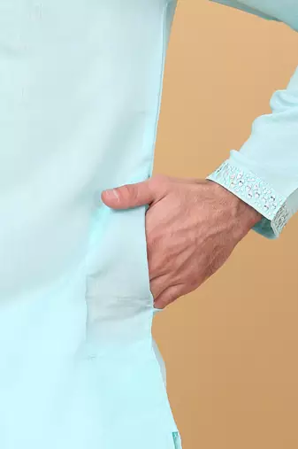 Men cotton silk solid embroidered peach sky blue with trouser pant