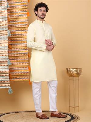 Men cotton silk solid embroidered peach yellow with trouser pant 1