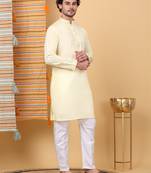 Men cotton silk solid embroidered peach yellow with trouser pant
