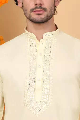 Men cotton silk solid embroidered peach yellow with trouser pant