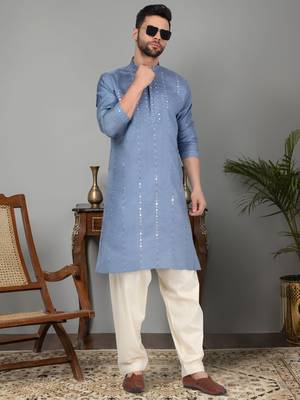Men cotton silk mirror work yoke design blue kurta with salwar 1